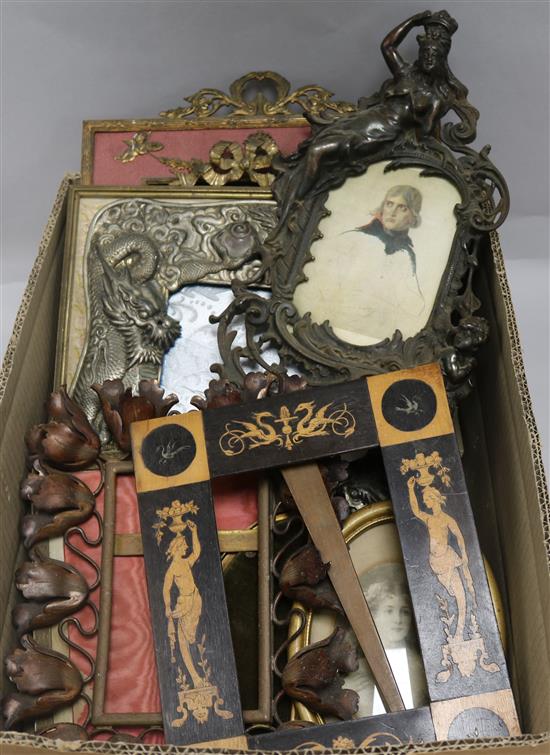A group of gilt metal and metal photograph frames and a marquetry photograph frame